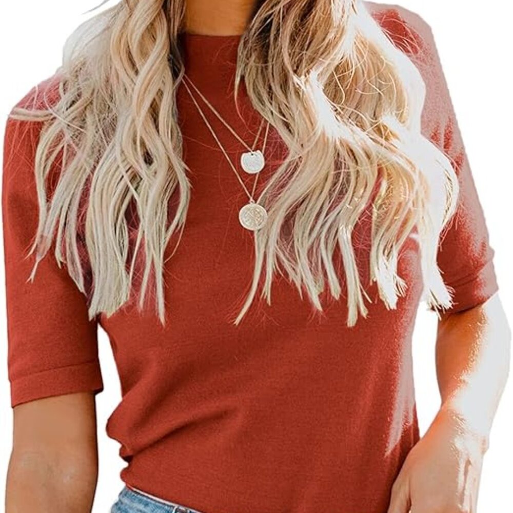 Liyohon Rust Colored Mock Neck Short Sleeve Knit Top. Size Large